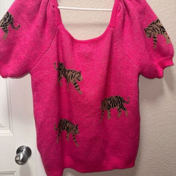 BiBi Hot Pink Tiger Print Puff Sleeve Sweater - Picture 7 of 9